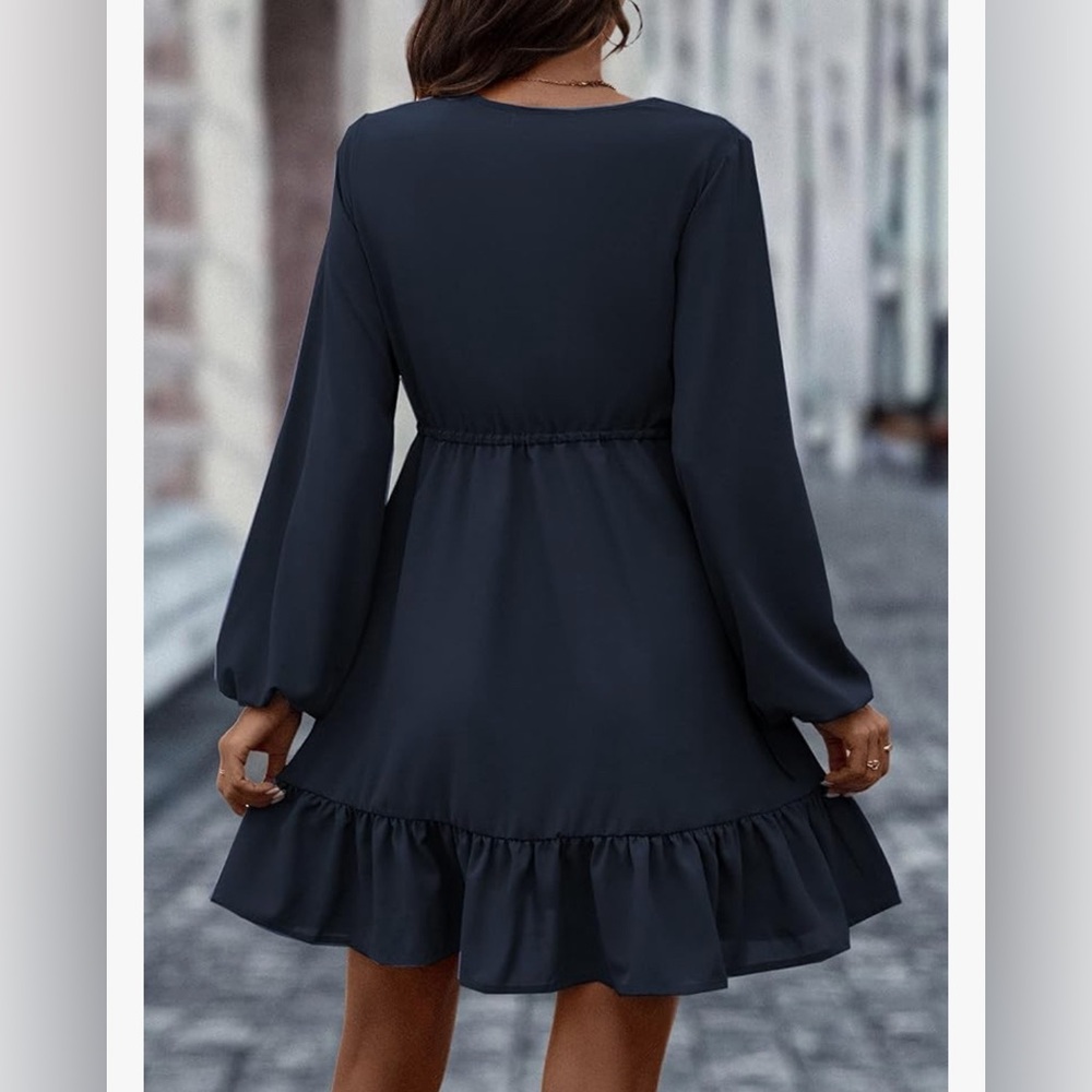 Womens Round Neck Long Bubble Sleeve Textured Casual Summer Babydoll Short Dress - Picture 2 of 4